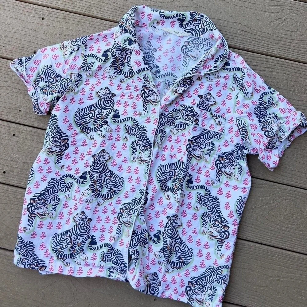 Print Fresh Anthropologie Tiger Queen Pajama Shirt 100% Organic Cotton Sz Small